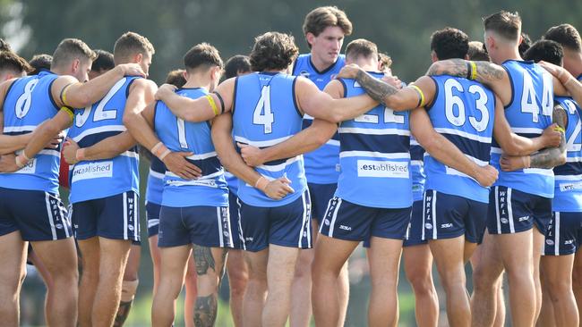 The Point Cook Centrals huddle together during the round four WFNL TIV Division 1 Senior Mens match between the Point Cook Centrals and Point Cook at Windorah Way Reserve, on May 04, 2024, in Melbourne, Australia. (Photo by Josh Chadwick)