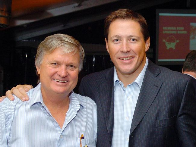 Chairman of Humpty Dumpty Foundation Paul Francis and MC Phil Kearnes at the Humpty Dumpty Foundation Balmoral Burn Sponsors Dinner held at Balmoral Beach in 2005. Picture: Sara Nixon