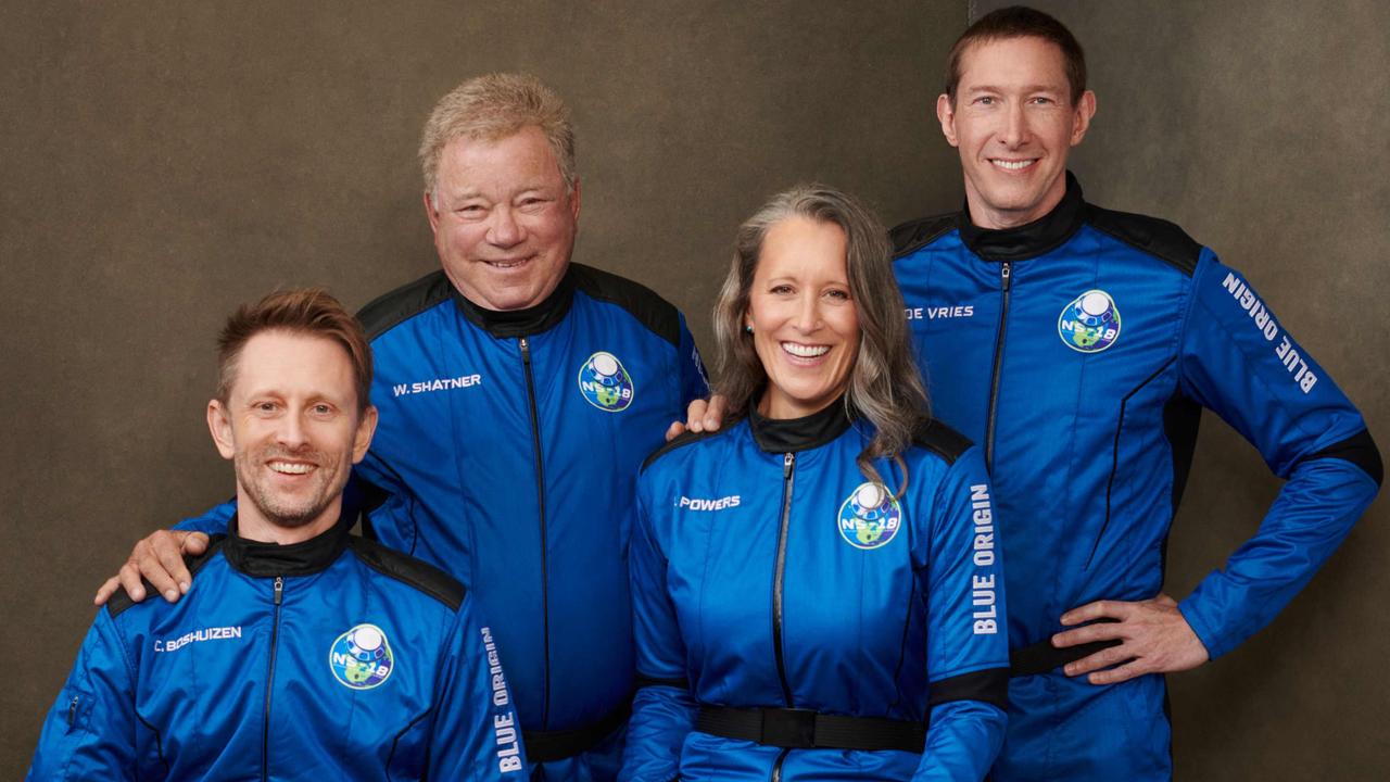 This handout photo released by Blue Origin Media shows the four member Blue Origin crew (from R) Glen De Vries, Audrey Powers, Canadian actor William Shatner and Chris Boshuizen.