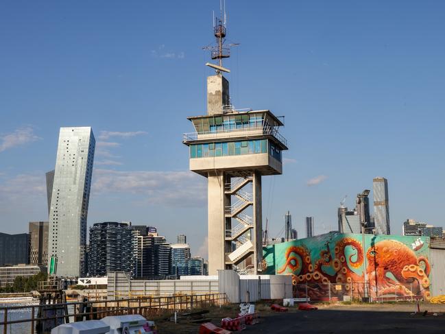 The shipping control tower at end of North Wharf Rd, Docklands is no longer in use and now derelict with its future uncertain. Picture: Ian Currie