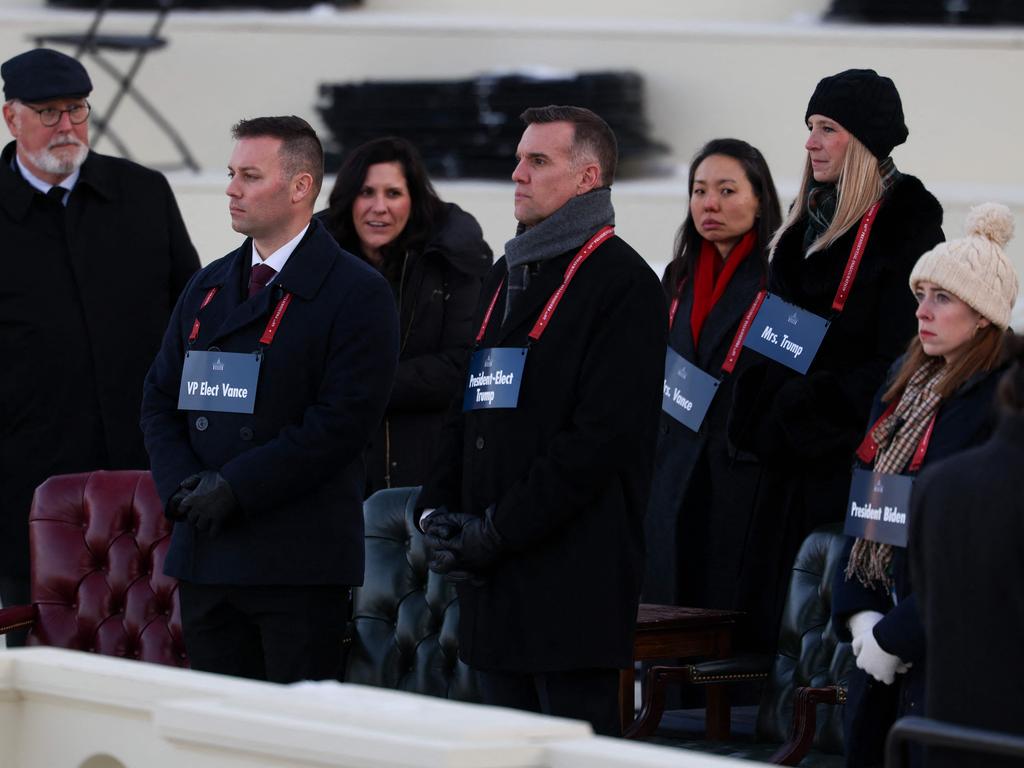 Musician Petty Officer 1st Class Nate Buttram stands in for Vice President-elect Sen. JD Vance and Master Sergeant Matthew Nall stands in for President-elect Donald Trump, during inauguration dress rehearsals. Picture: Getty Images via AFP