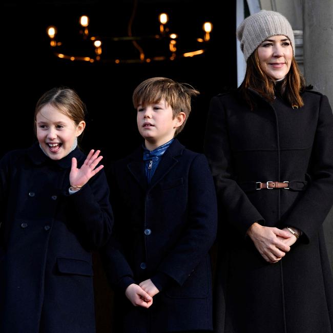 Princess Mary and the twins stand at Hermitage Castle during Hubertus Hunt 2021 in Dyrehaven. Picture: Philip Davali/Ritzau Scanpix/AFP