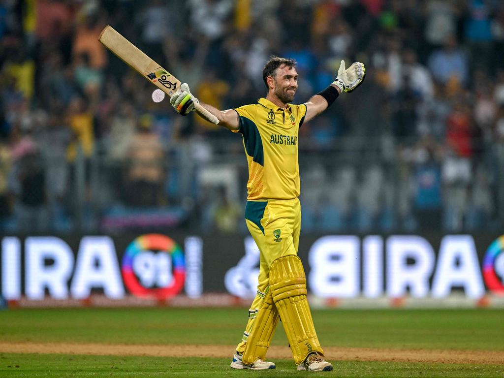 Glenn Maxwell celebrates after guiding Australia to victory over Afghanistan with an unbeaten double century. Picture: AFP