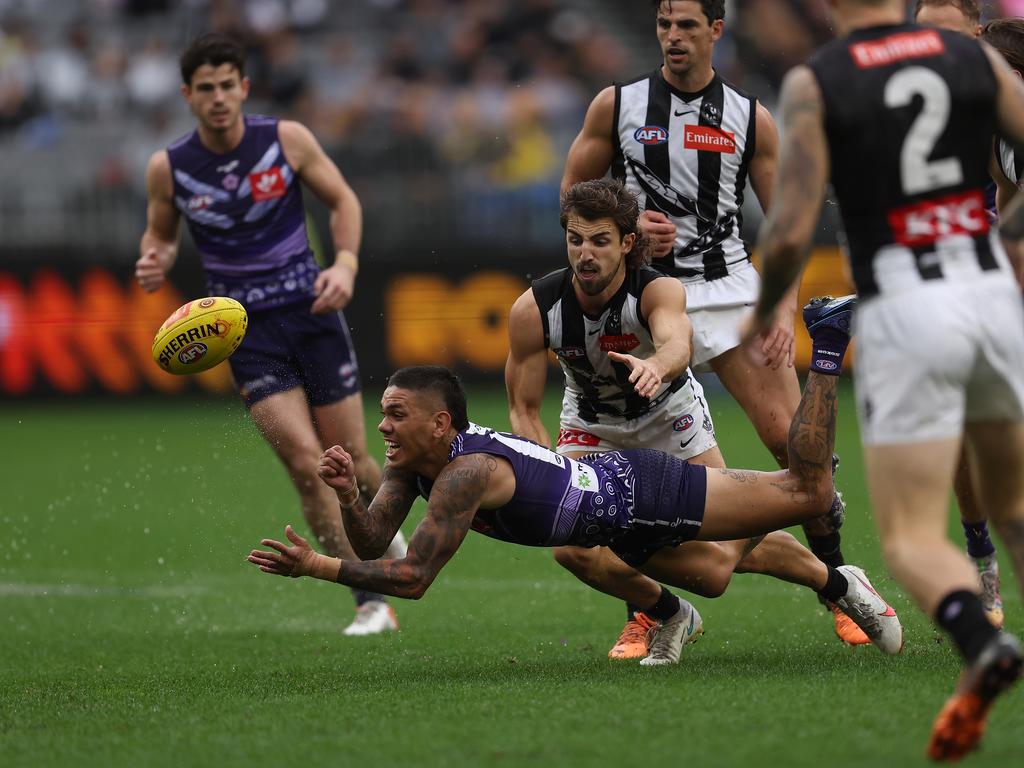 The Dockers need to find clever and quick disposals if they want to create better scoring opportunities, Schofield believes. Picture: Paul Kane/Getty Images