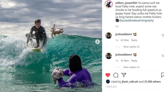 Among other things, Willem Ungermann, aka Willem Powerfish, is known for throwing raw chickens at people on the waterways and, in this case, in the surf.