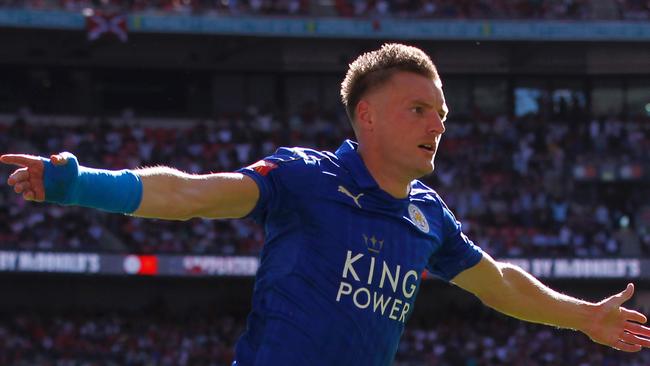 Jamie Vardy celebrates scoring an equalising goal during the Community Shield.