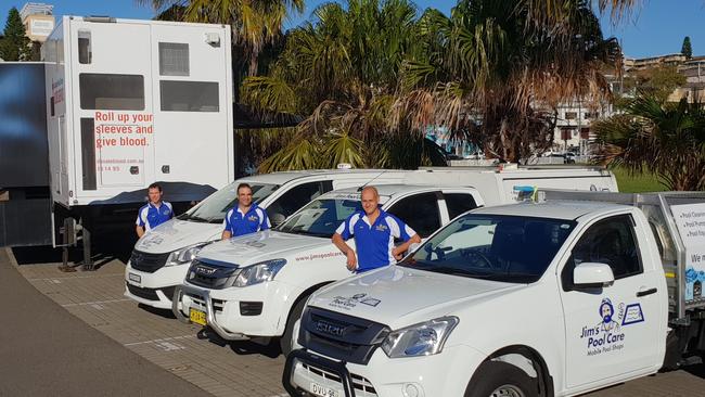 Jim's Pool Care's Brad Papworth, Chris Stephandellis and Robert Sara at the Coogee Oval mobile blood donor centre.