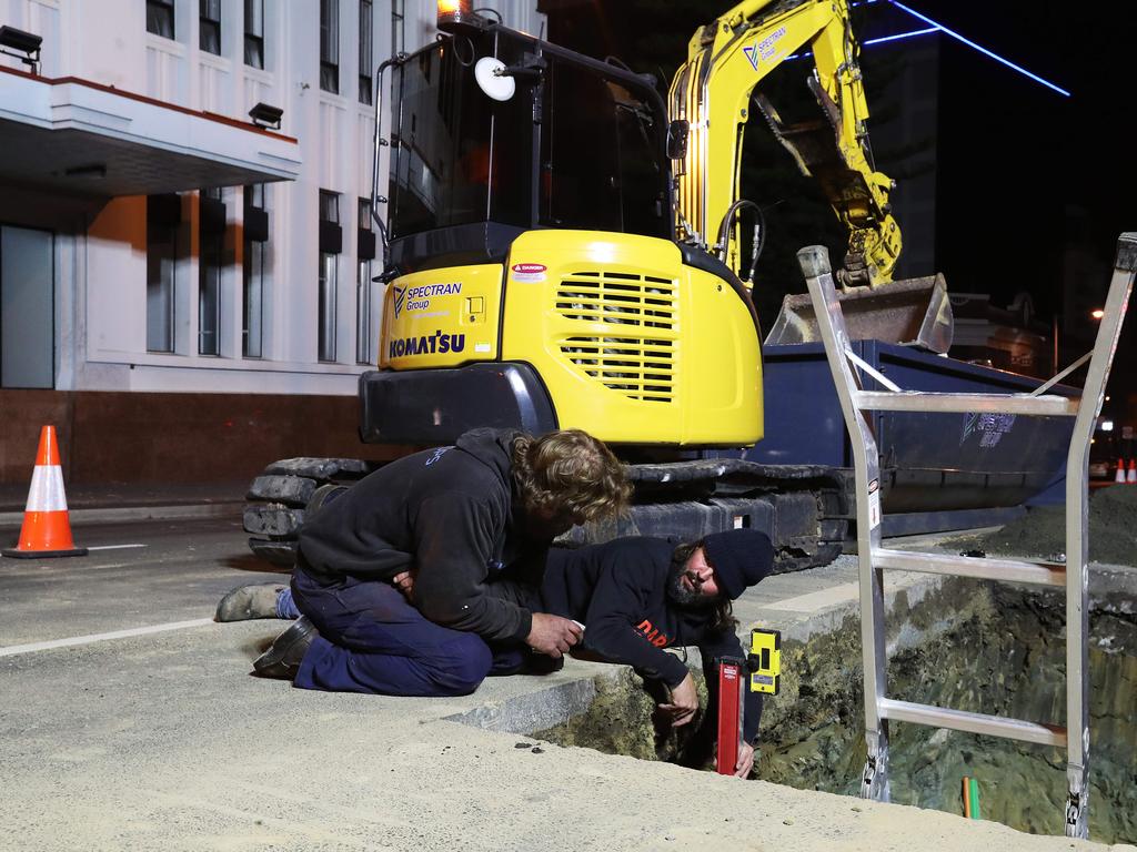 Work in Macquarie Street Hobart on the hole that will house the chamber performance artist Mike Parr will live in for 72 hours during Dark Mofo. Picture: NIKKI DAVIS-JONES