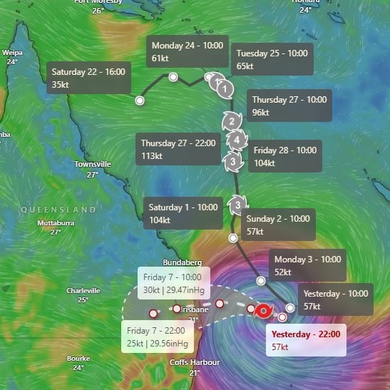 Tropical Cyclone Alfred's path down the Queensland coast.