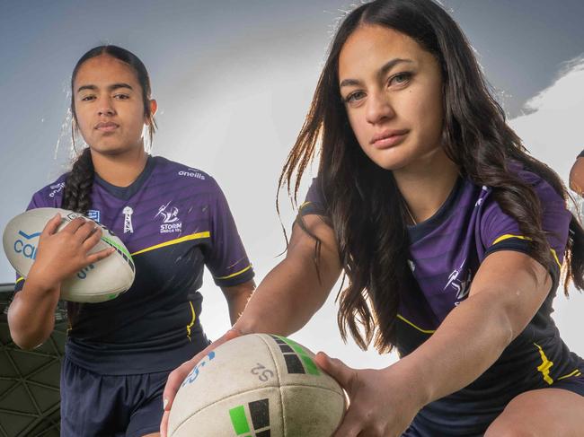 L-R: DalizÃÂ¨ Feo, Sierra TeÃ¢â¬â¢o, Nikita-Jaye Faoa and Akeelah Coffin are members of Melbourne Storm's new Female Development Squad  at AAMI Park. Picture: Tony Gough