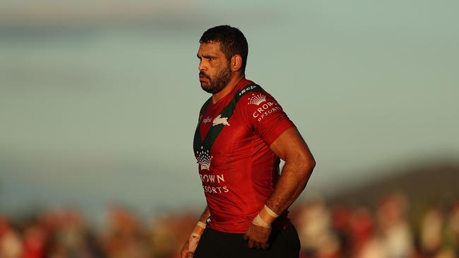 MUDGEE, AUSTRALIA — FEBRUARY 24: Greg Inglis of the Rabbitohs warms up before the NRL trial match between the South Sydney Rabbitohs and the St George Illawarra Dragons at Glen Willow Regional Sports Stadium on February 24, 2018 in Mudgee, Australia. (Photo by Mark Metcalfe/Getty Images)