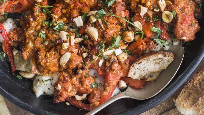 Baked hoki with Spanish salsa romesco of red peppers roast hazelnuts and paprika.