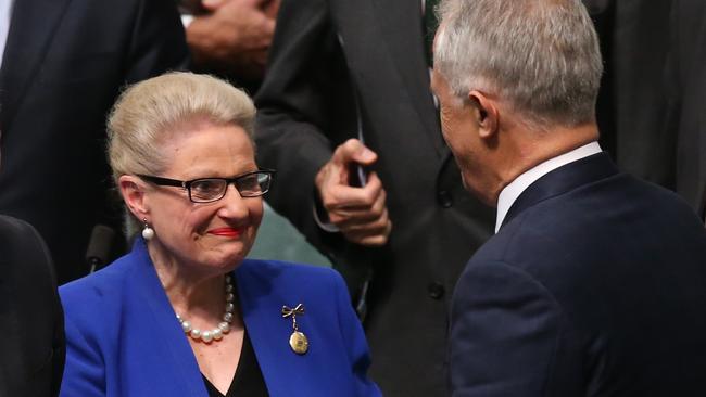 Farewell: Bronwyn Bishop is congratulated by Prime Minister Malcolm Turnbull after delivering her last speech to parliament. <i>Picture Kym Smith</i>