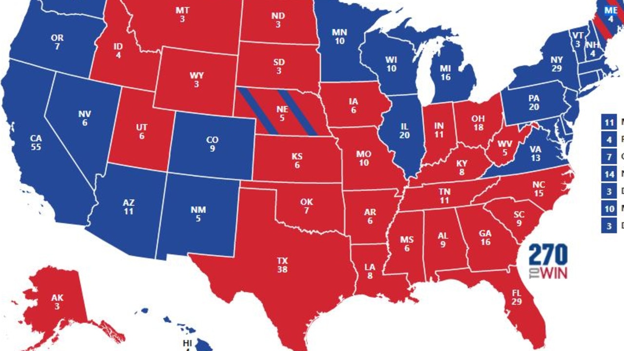 This map shows Biden with a lead of 290 electoral votes to Trump’s 248. Picture: 270 to Win