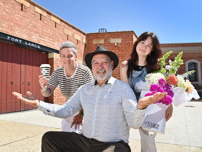 5/12/24. Fort Largs as New Community Hub - Dani Nixon (Ink Espresso), Jarn Jamison (owner) and Gabrielle Polujnikoff (Floyd+Frankie). Picture: Keryn Stevens