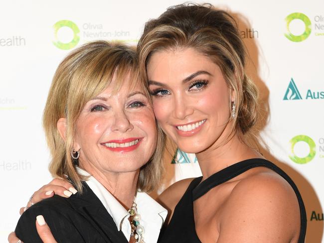 Olivia Newton-John and Delta Goodrem arrive for the Olivia Newton-John Cancer Wellness &amp; Research in Melbourne in September. Picture: AAP