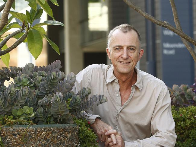 2001 Archibald prizewinning artist, Nicholas Harding, by the plant pots he ans his wife rejuvenated during his visits to the  Chris O'Brien Lifehouse  as a cancer patient. Nicholas   will do a painting demonstration at the cancer hospital as part of its art program Arterie , and will be painting flowers.  Picture: John Appleyard