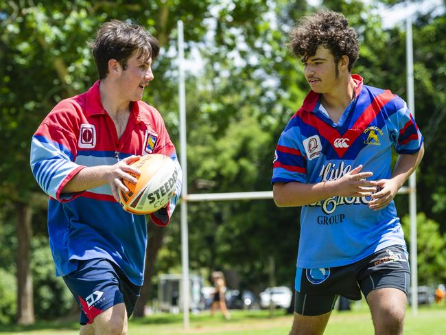 Jake Durie (left) and Quincy Booker wear old Toowoomba Clydesdales jerseys as they train with the Western Clydesdales under-16 squad at Queens Park, Saturday, December 18, 2021. Picture: Kevin Farmer