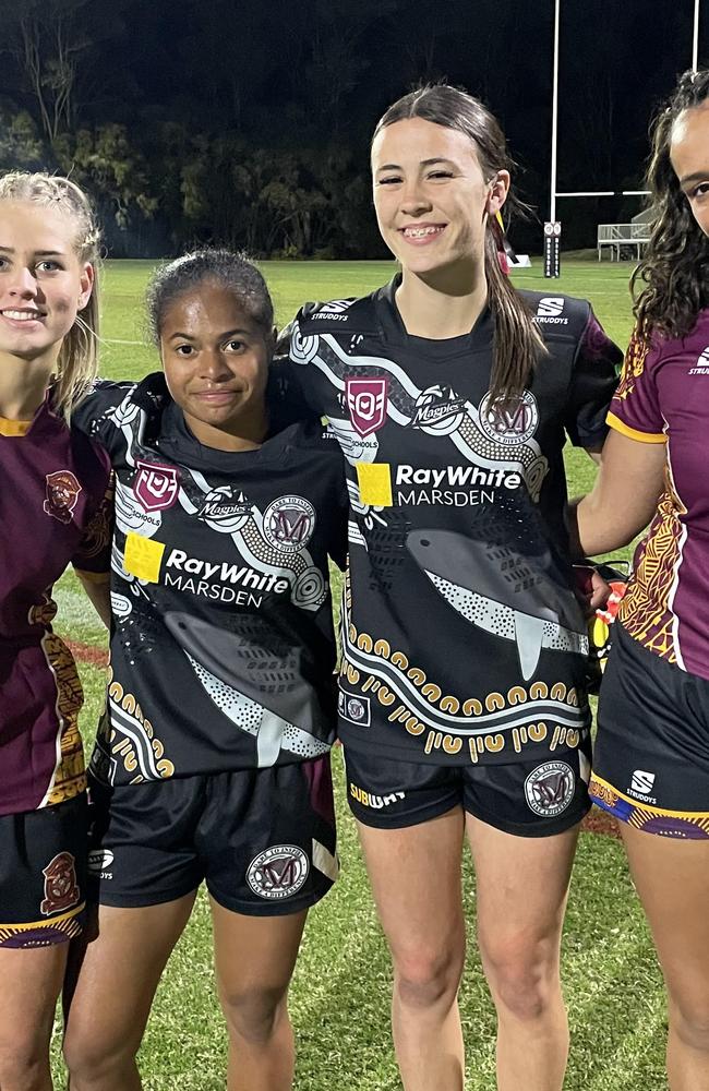 Marsden SHS pair Janique Mili and Angel Austin wearing the Marsden SHS indigenous jersey designed by Austin.