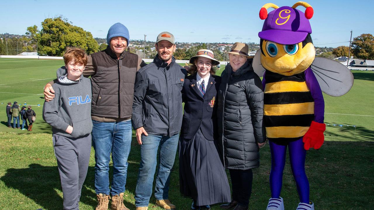 Charlie Sheppard (left), Thomas Sheppard, Oskar Sheppard, Sofia Sheppard, Sally Sheppard and Benny the Bee from Glennie. Toowoomba Grammar School and Downlands College rugby. The annual O'Callaghan Cup was held at Toowoomba Grammar. Saturday August 19, 2023