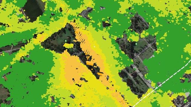 Satellite image showing ground movement (yellow and orange colouring) near Sydenham Station