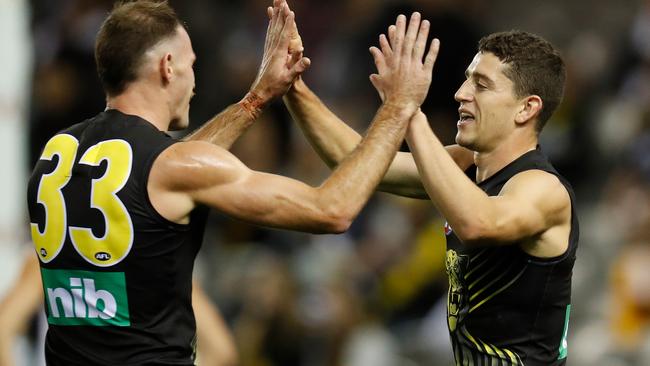 Jason Castagna (right) booted for goals against the Pies. Picture: AFL Photos via Getty Images