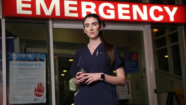 Nurse Ashleigh Peters at the end of her shift at Westmead Hospital. Picture: Christian Gilles