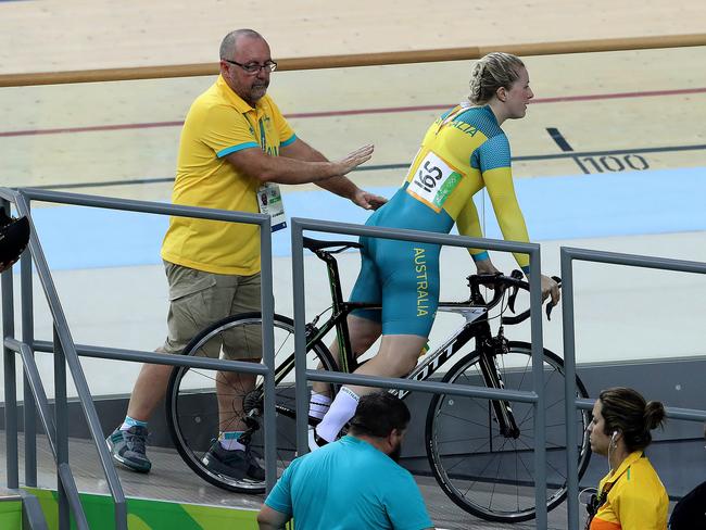 Stephanie Morton returns to the pits after being beaten during the Women's Sprint at the Rio Olympics 2016 track cycling at the Rio Olympic Velodrome. Pics Adam Head