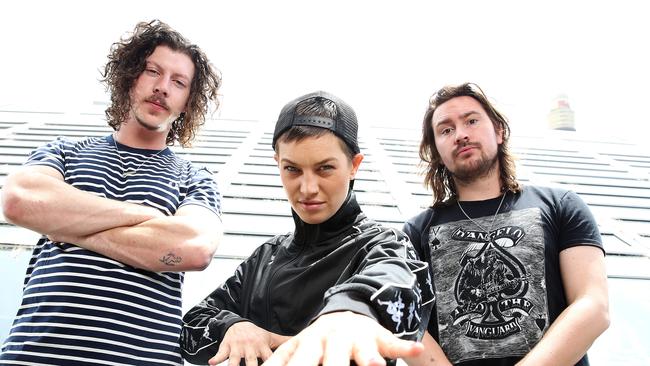 Australian chart-topping dance music duo Peking Duk with Swedish singer and rapper Elliphant in Sydney. Picture: Supplied