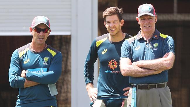 Australian coach Justin Langer, captain Tim Paine and selector Greg Chappell together at the SCG. Picture: Brett Costello