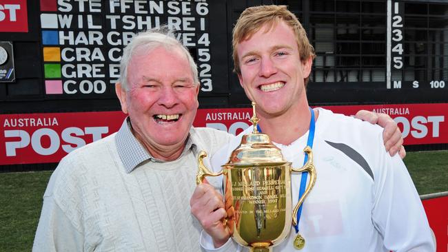 John 'Wiry' Wiltshire with his grandson Matthew Wiltshire after he won the Stawell Gift. Picture: Stephan Harman