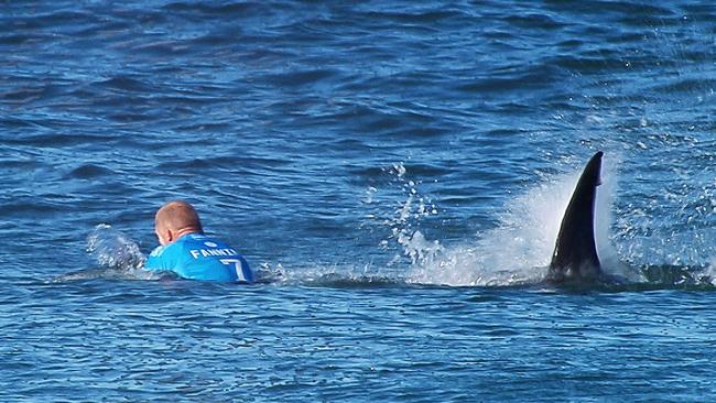 Gold Coast surfer Mick Fanning’s infamous near-miss in South Africa in 2015. Picture: WSL/World Surf League via Getty Images