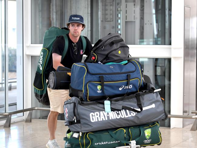 Adelaide Strikers, coach Jason Gillespie, staff and other SA BBL players preparing to fly out of Adelaide Airport for Sydney BBL hub. Travis Head arrives late. They are on a Qantas charter flight at 2.15pm heading to Coffs Harbor.  Picture: Tricia Watkinson