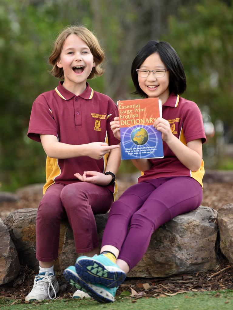 Friends and classmates Milla Whiteley and Vanessa Wong, Year 4 students at Victoria’s Cheltenham East Primary School, have both progressed to the state and territory finals of the 2023 Prime Minister’s Spelling Bee. Picture: Nicki Connolly