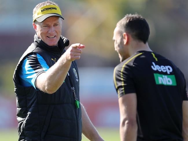 Richmond training at Punt Road Oval.  05/09/2019 .   Richmond coach Damien Hardwick talks with Sidney Stack    . Pic: Michael Klein.