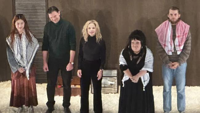 Harry Greenwood, right, Megan Wilding, second right, and Mabel Li, left, wore keffiyeh scarves during the encore at the opening night of The Seagull at Roslyn Packer Theatre. Picture: Instagram