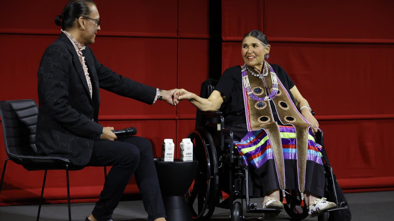 Bird Runningwater, co-chair of the Academy’s Indigenous Alliance, with Littlefeather at an event in her honour at the Academy Museum of Motion Pictures on September 17, 2022 in Los Angeles. Picture: Frazer Harrison/Getty Images