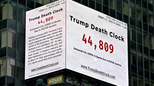 The “Trump Death Clock” calculates the portion of US COVID-19 deaths which its creator claims is caused by President Trump’s delayed response to the coronavirus pandemic. Picture: Dia Dipasupil/Getty Images/AFP.