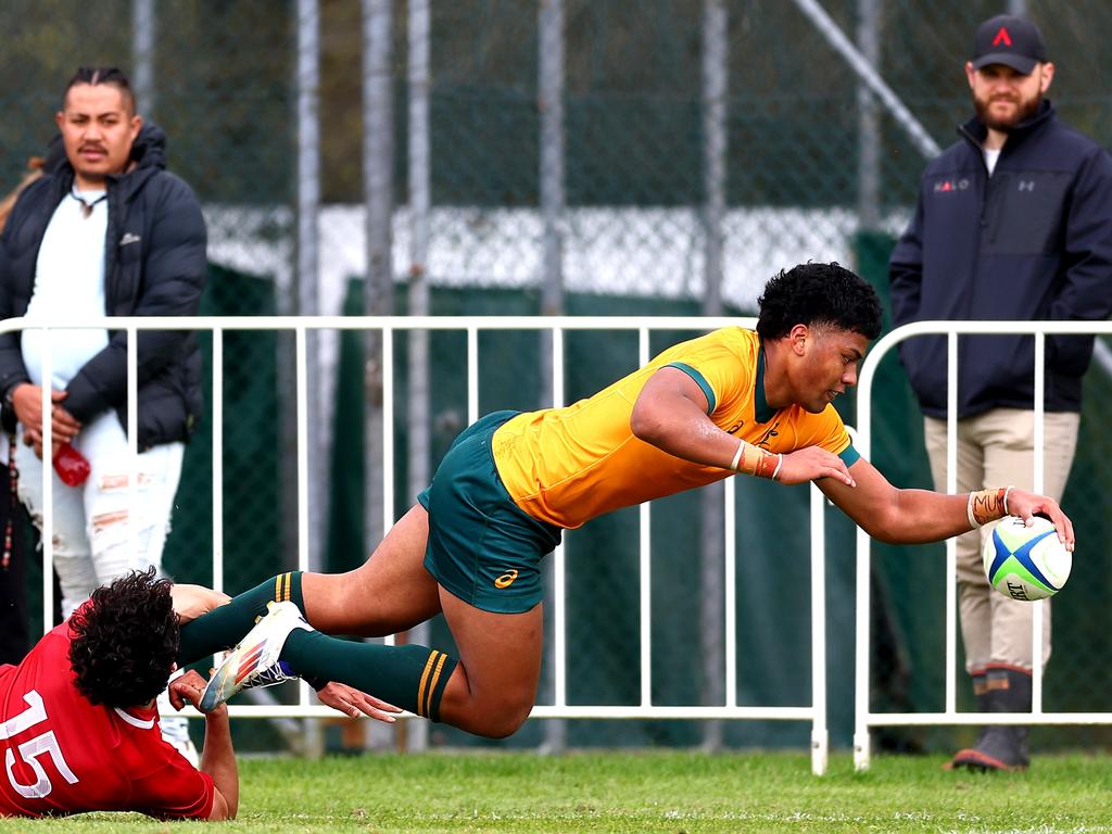 And he’s over: Heamasi scores a try during the match between Australia U18s and New Zealand Barbarians at St Paul's Collegiate School on October 2 in Hamilton, New Zealand. Picture: Phil Walter/Getty Images for Rugby Australia