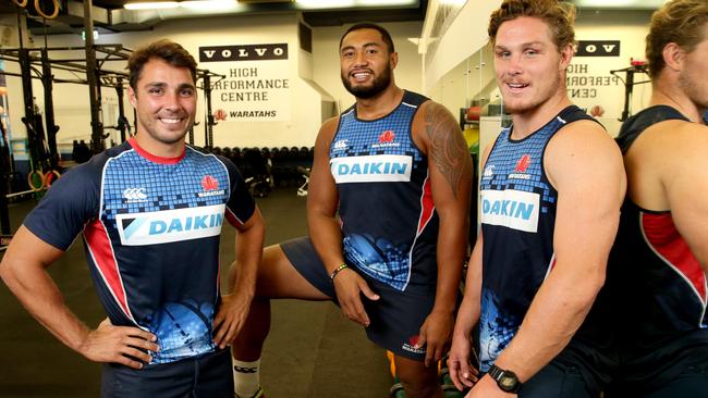 Waratahs trio Nick Phipps , Sekope Kepu and Michael Hooper will bring up 100 caps against the Brumbies on Saturday . Picture : Gregg Porteous