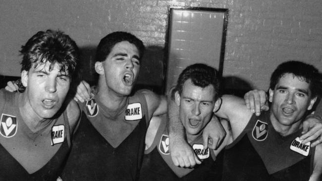 Jim Stynes, Garry Lyon, Steven Stretch and Peter Rohde celebrate a win in 1989. Picture: Norm Oorloff