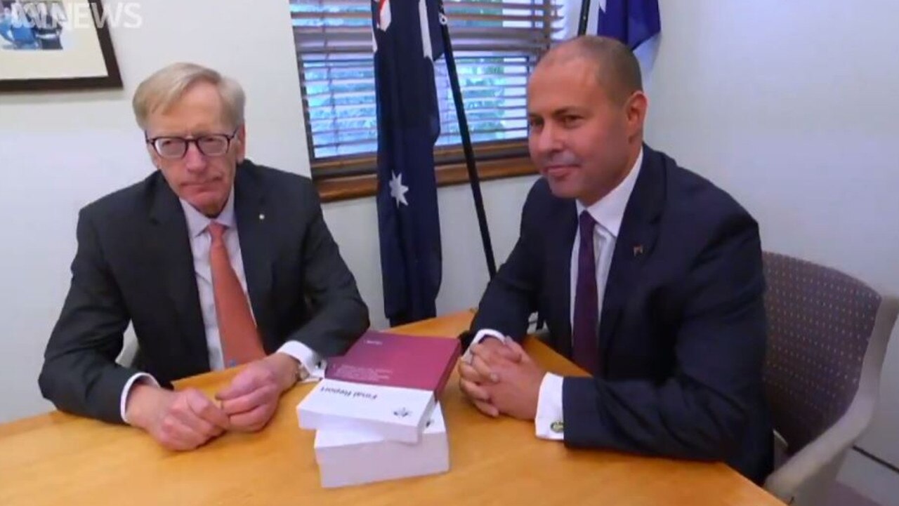 ‘Nope’: Commissioner Kenneth Hayne QC with Treasurer Josh Frydenberg. Picture: ABC