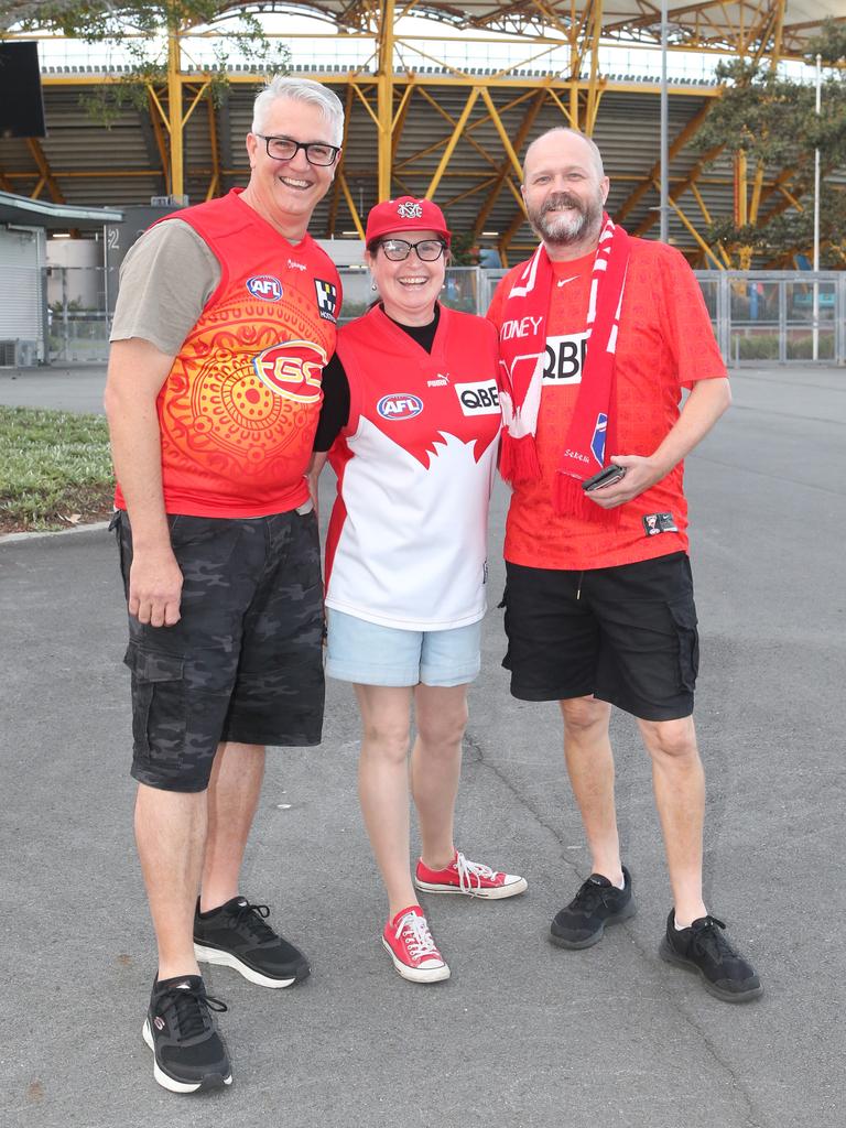 The Gold Coast Suns will host its first AFLW final when they take on the Sydney Swans on Saturday night. Ed Luck, Jenny Moore and Ash Fielding. 11 November 2023 Carrara Picture by Richard Gosling