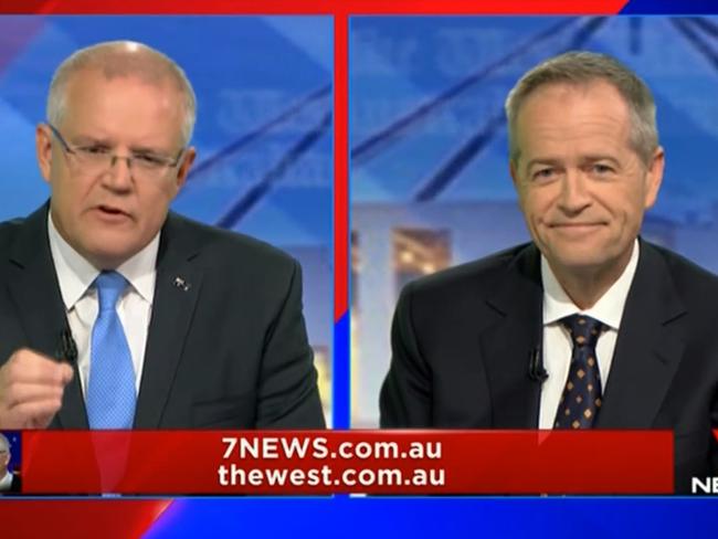 Australian Prime Minister Scott Morrison and Opposition Leader Bill Shorten during the first leaders forum at the Seven West Media Studios in Perth, Monday, April 29, 2019.