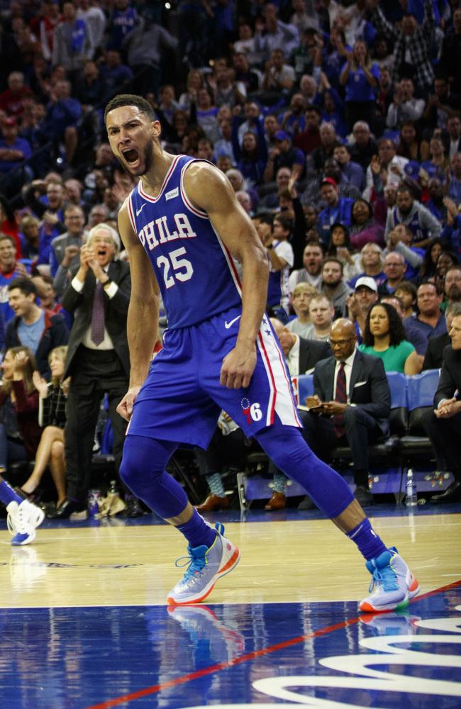 Ben Simmons fires up against the Celtics.