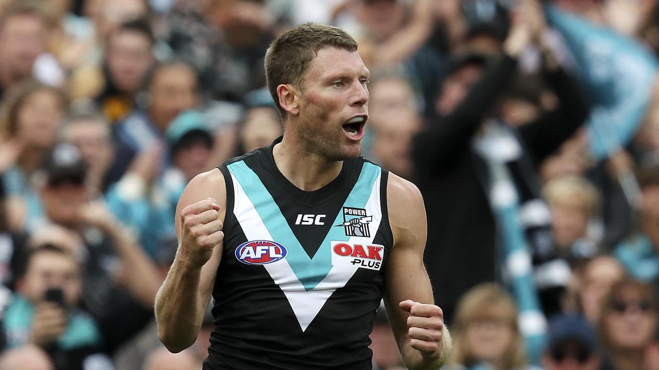 Brad Ebert celebrates Port's first goal of the match. Picture: SARAH REED