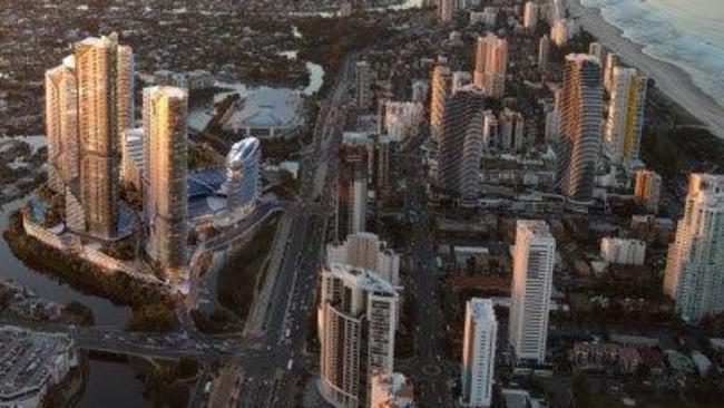 The Star Gold Coast Masterplan Development (viewed from the South East) at its island site at Broadbeach where the two existing towers will be joined by Tower 1 starting construction in August followed by four proposed towers intended to be rolled out progressively to 2028.