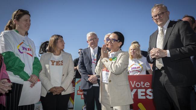 Indigenous Australians Minister Linda Burney Anthony Albanese with supporters of Yes23 at Goodwood in Adelaide. Picture: Chris Kidd