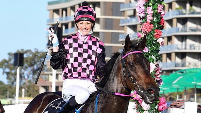 Leah Kilner returns to scale after winning aboard Emerald Kingdom at Eagle Farm. Picture: Trackside Photography