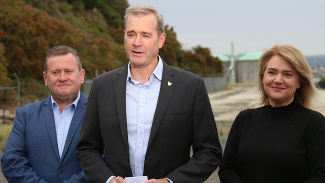 Member for Franklin Dean Young, Deputy Premier Michael Ferguson and Member for Clark Madeleine Ogilvie at Macquarie Point in Hobart on Monday, May 1, 2023.